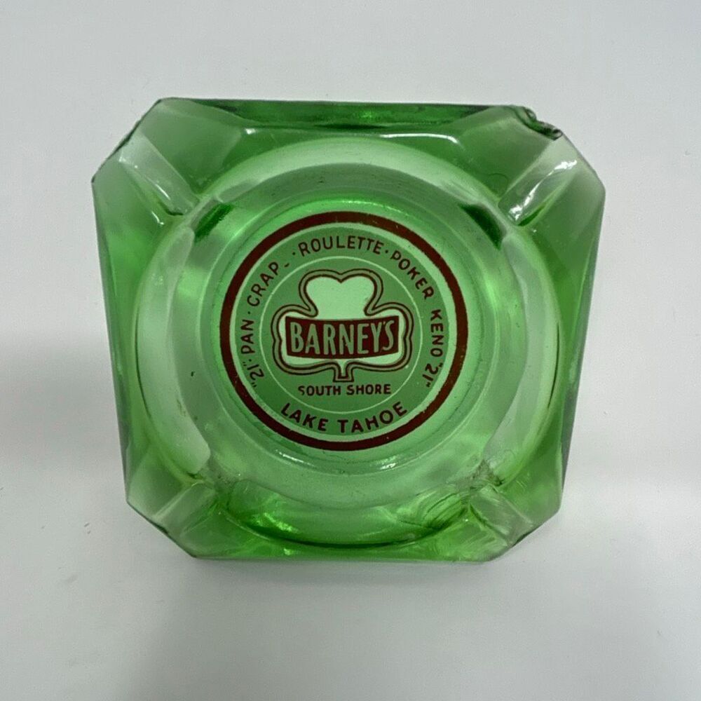 Vtg Barney’s Casino Lake Tahoe Ashtray Green Glass Square South Shore Memorabili